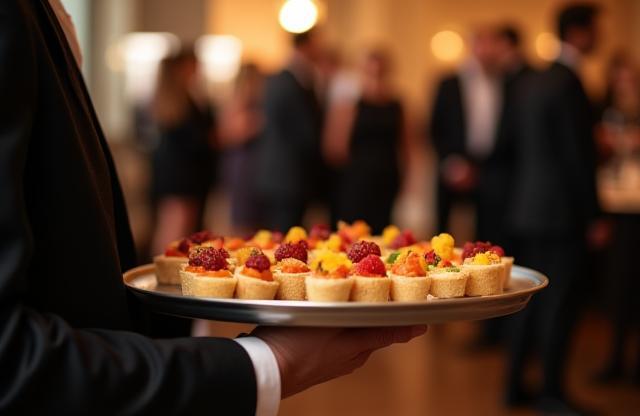 Tray of assorted canapes being served at a reception