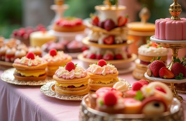 Attractive dessert table display with colourful pastries and fruits