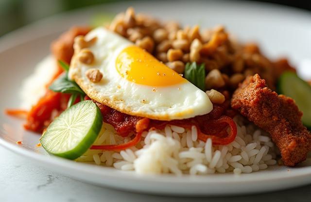 Closeup of an elegantly plated Nasi Lemak dish