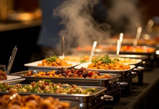 Professional buffet setup with food warmers and serving utensils