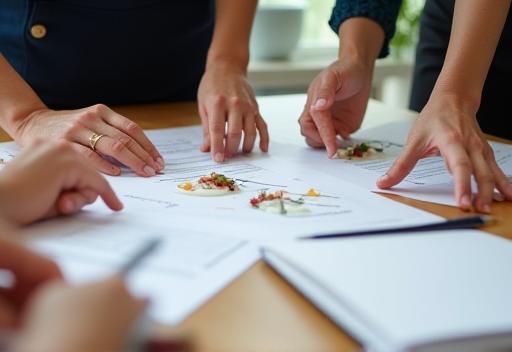 Menu planning consultation with documents and food samples