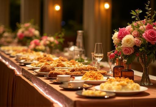 Elegant wedding banquet food display with floral decorations